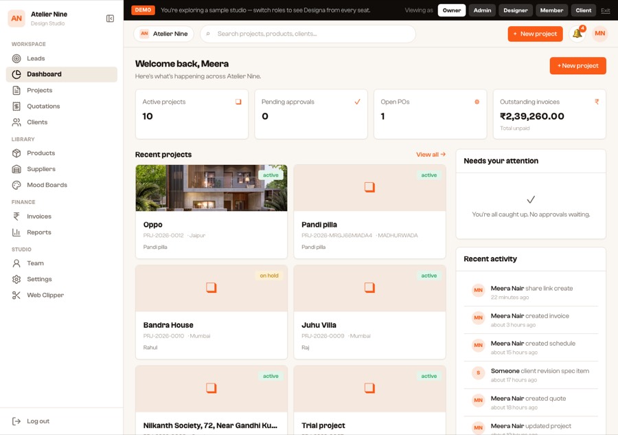 The Designa dashboard, a sample studio