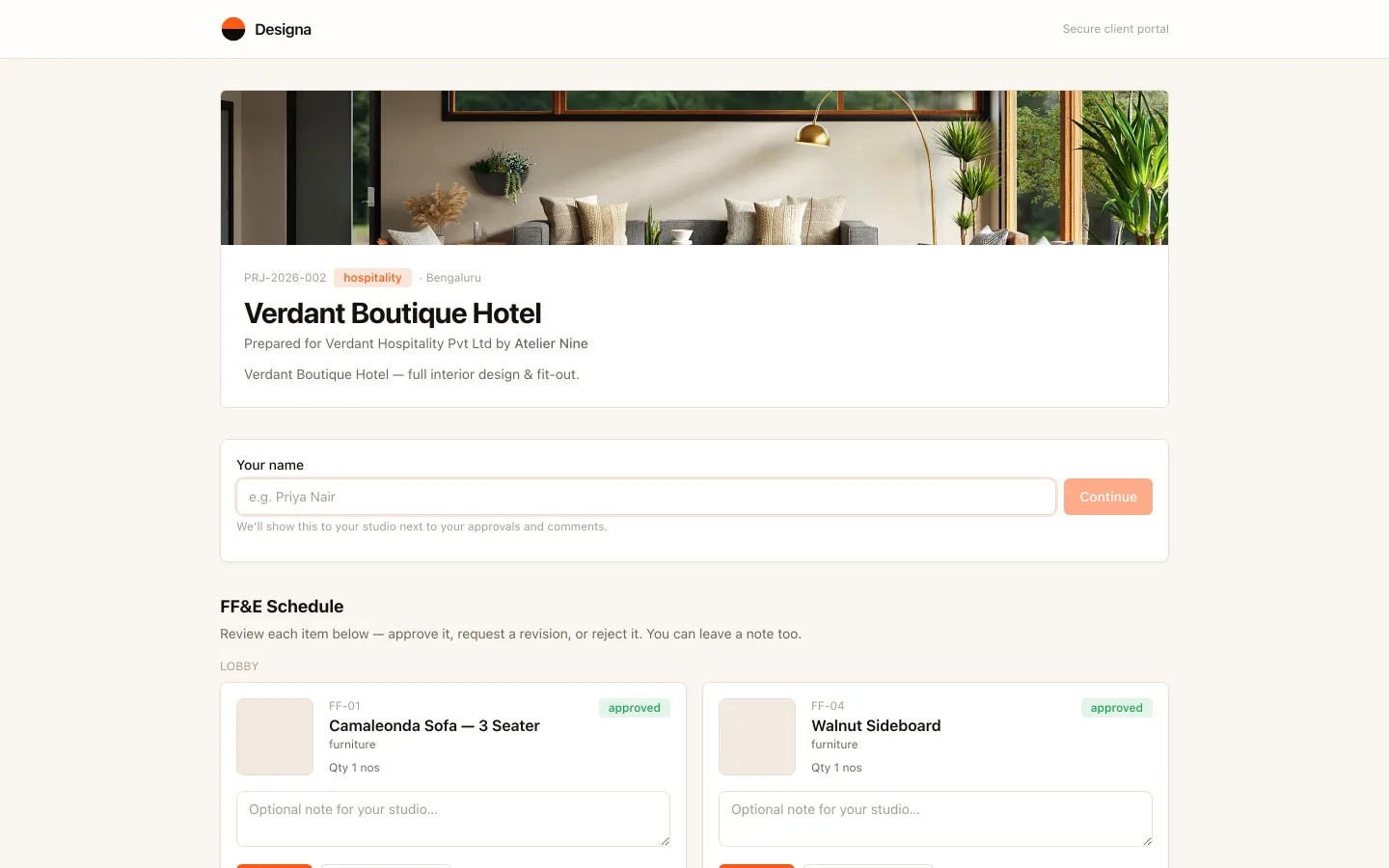 The real Designa client portal: a branded project page with cover photo, prepared for the client by the studio, and an FF&E schedule to approve item by item